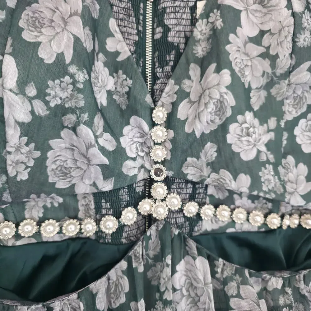 V. Chapman The Emma Dress in Emerald Peony Print Maxi Dress Sz 8 NWT+I - Picture 8 of 14